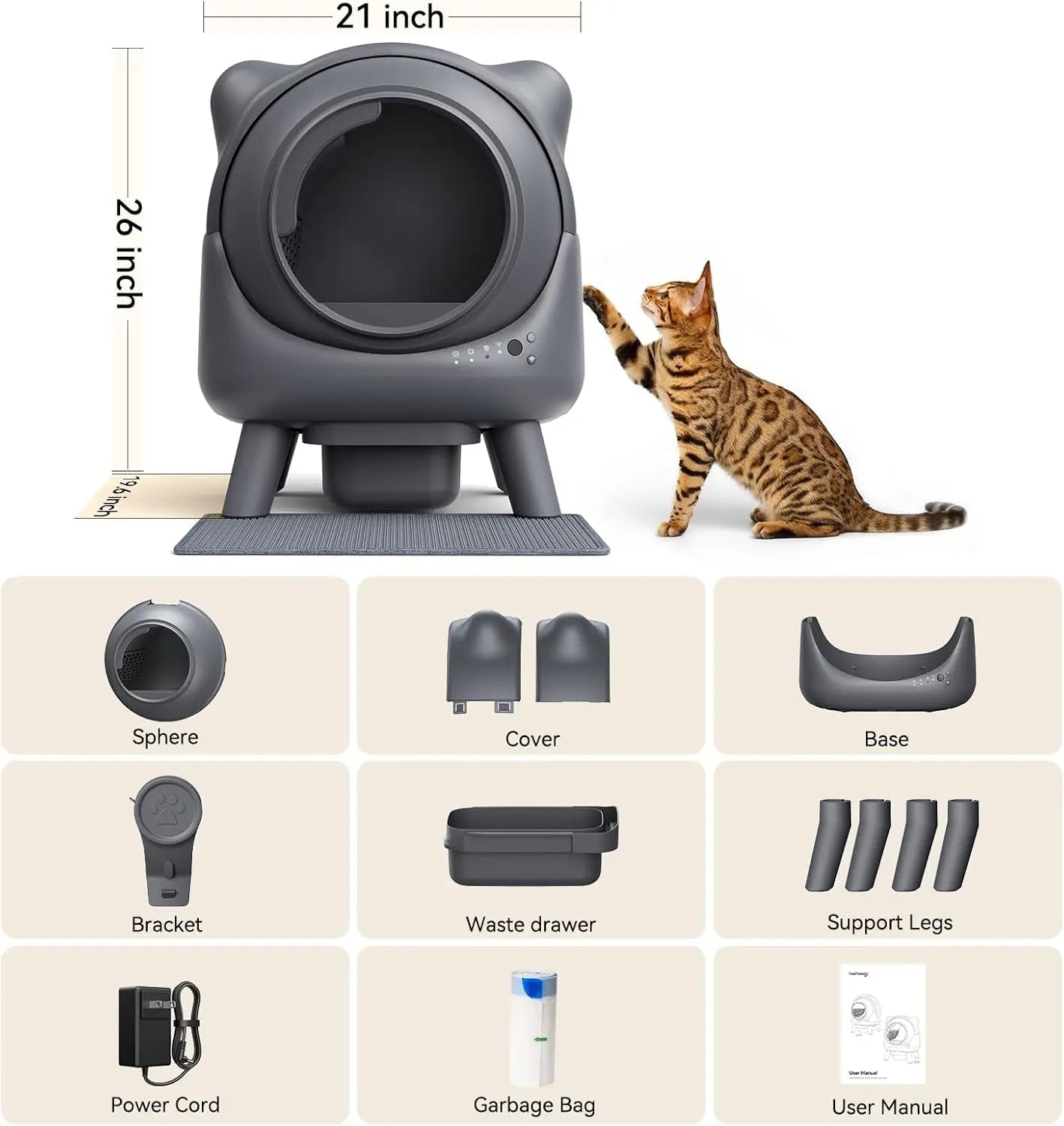 Automatic Self-Cleaning Cat Litter Box – Odor Control, App Monitor, Black